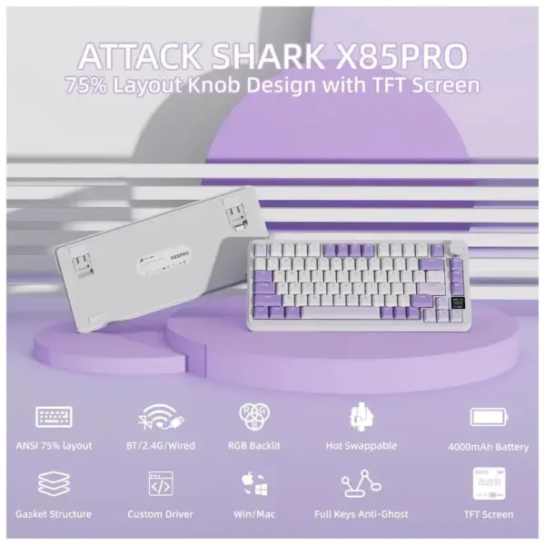 Клавіатура Attack Shark X85PRO RGB Wireless/Bluetooth/USB UA Lavender (X85PROL_AS)
