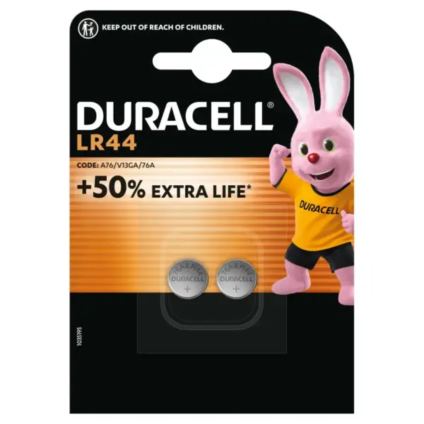 Батарейка Duracell LR44 1.5V спеціалізована лужна типу таблетка, 76A/A76/V13GA, 2шт. в упаковці (5000394504424 / 5007795)