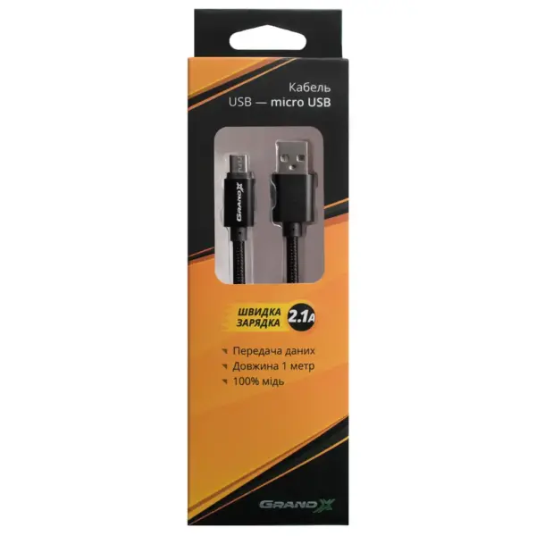 Дата кабель USB 2.0 AM to Micro 5P 1.0m Black/Black Grand-X (FM01BB)