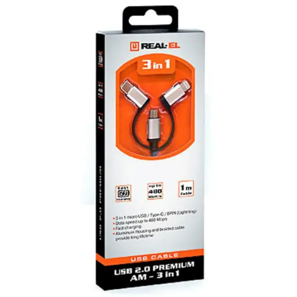 Дата кабель USB 2.0 AM to Lightning + Micro 5P + USB-C 1.0m black REAL-EL (EL123500035)