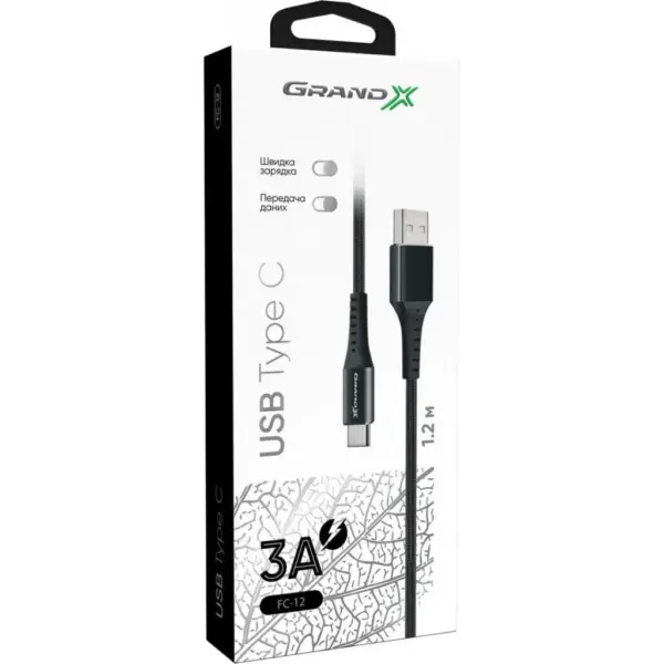 Дата кабель USB 2.0 AM to USB-C 1.2m Black Grand-X (FC-12B)