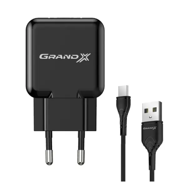 Зарядний пристрій Grand-X USB 5V 2.1A + cable USB to USB-C black (CH-03T)