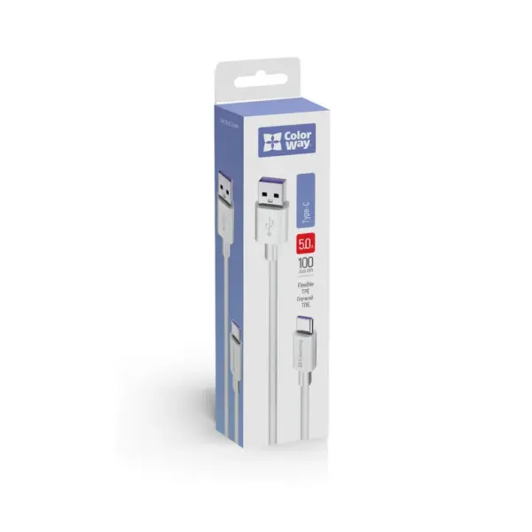 Дата кабель USB 2.0 AM to USB-C 1.0m 5A white ColorWay (CW-CBUC019-WH)