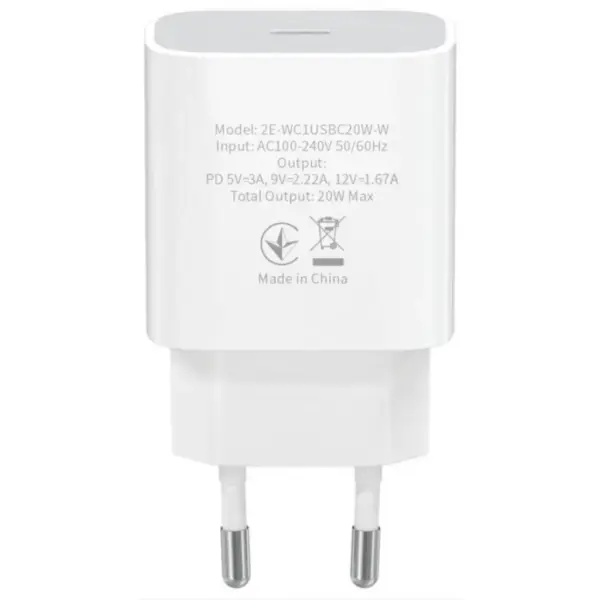 Зарядний пристрій 2E USB-C Wall Charger PD3.0 DC5V/3A, 20W, white (2E-WC1USBC20W-W)