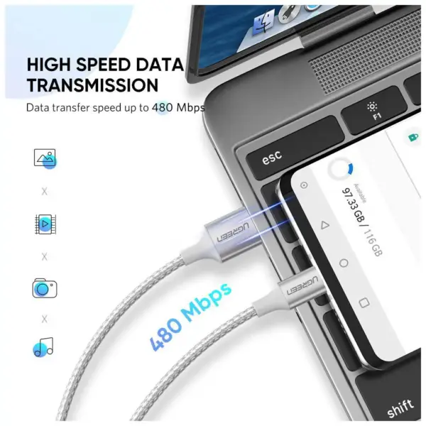 Дата кабель USB 2.0 AM to USB-C 2.0m 3.0A 18W US288 White Ugreen (60133)