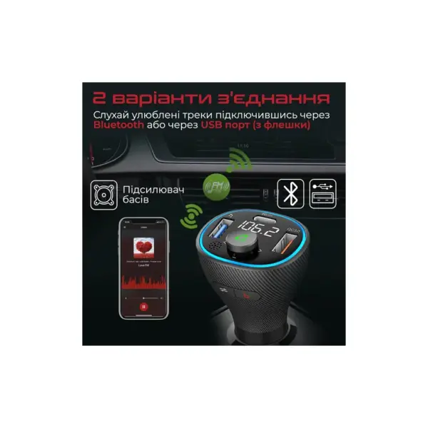 FM модулятор Promate PowerTune 38w USB-A OTG/USB-A QC3.0/USB-C PD Black (powertune-38w.black)