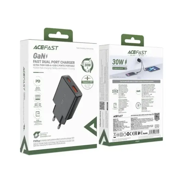 Зарядний пристрій Acefast 2xUSB 30W (USB-C+USB-A) Gan A69 ultra-thin Fast Charger Black (6974316282709)