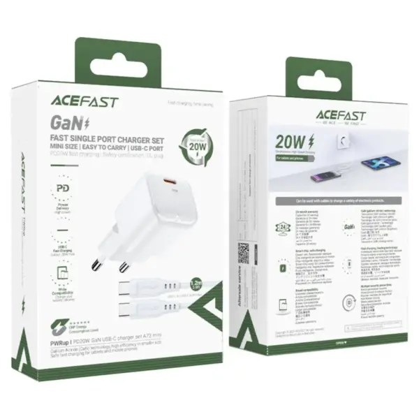 Зарядний пристрій Acefast USB-C 30W Gan A77 mini + USB-C cable Fast Charger White (6974316282853)