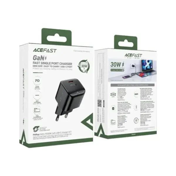 Зарядний пристрій Acefast USB-C 30W Gan A77 mini Fast Charger Black (6974316282662)