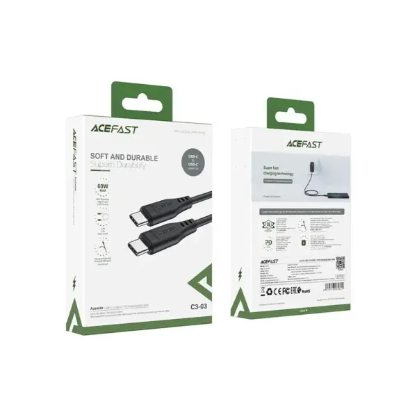 Дата кабель USB-C to USB-C 1.2m 3A TPE C3-03 Black Acefast (6974316280842)