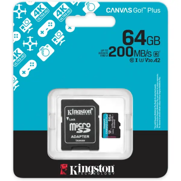Карта пам'яті Kingston 64GB microSDXC сlass 10 UHS-I U3 V30 A2 Canvas Go Plus G4 (SDCG4/64GB)