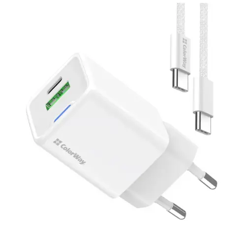 Зарядний пристрій ColorWay GaN Mini 30W PD Port PPS USB (Type-C PD + USB QC4.0) cable Type-C (CW-CHS053PDC-WT)
