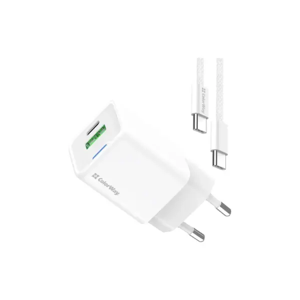Зарядний пристрій ColorWay GaN Mini 35W PD Port PPS USB (Type-C PD + USB QC4.0) cable Type-C (CW-CHS055PDC-WT)