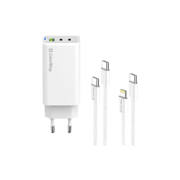 Зарядний пристрій ColorWay GaN Mini 65W PD Port PPS USB (USB-2C1A) cable Type-C&Lightning (CW-CHS058PDCL-WT)