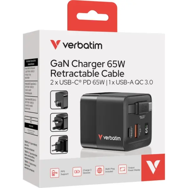 Зарядний пристрій Verbatim GaN 65 W 2 ports (USB-C/1xUSB-A) (32217)