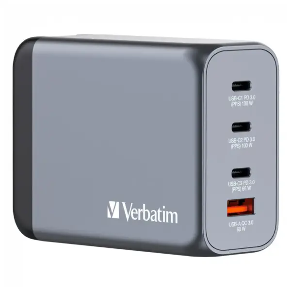 Зарядний пристрій Verbatim GaN 200 W 4 ports (2xUSB-C-100 W,USB-C-65 W /USB-A -3.0) (32204)