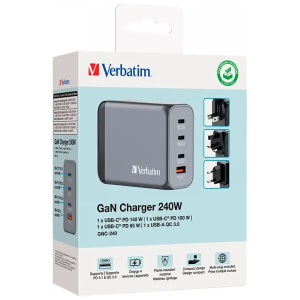 Зарядний пристрій Verbatim GaN 240 W 4 ports (USB-C-140 W,USB-C-100 W,USB-C-65 W /USB-A -3.0) (32205)