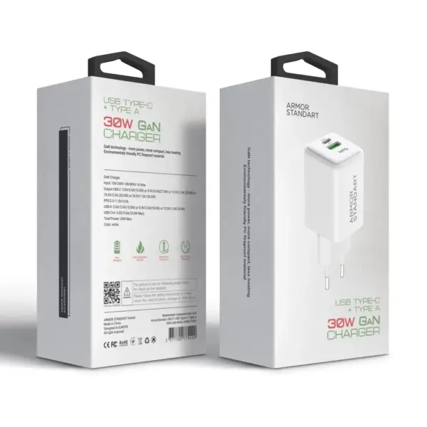 Зарядний пристрій Armorstandart AR371 30W GaN Type-C + USB White (ARM77549)
