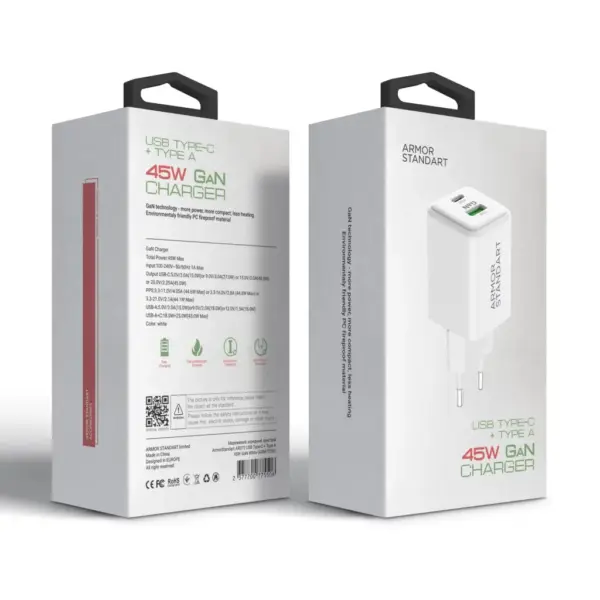 Зарядний пристрій Armorstandart AR372 45W GaN Type-C + USB White (ARM77550)