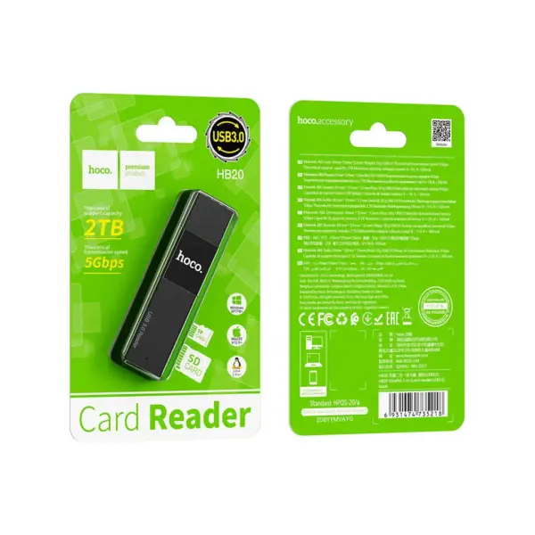 Зчитувач флеш-карт HOCO USB3.0 to microSD, microSDHC, microSDXC, SD, SDHC, SDXC, HB20 Black (6931474735218)