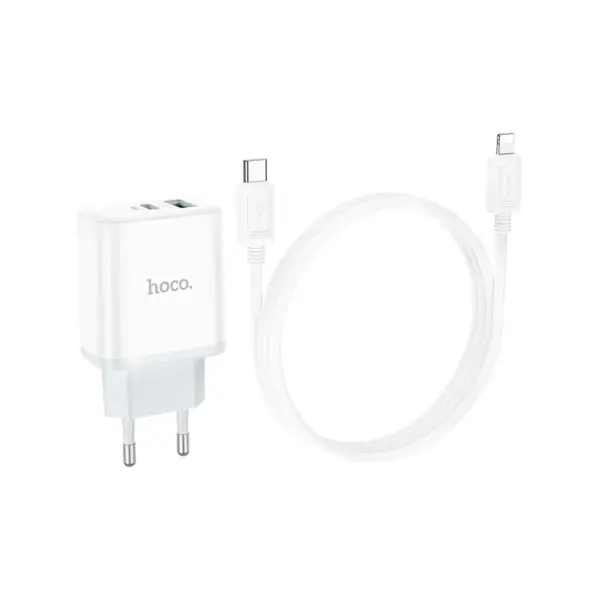 Зарядний пристрій HOCO C105A Stage 1xUSB-C PD20W + 1xUSB QC3.0 + cable USB-C to Lightning White (6931474782939)