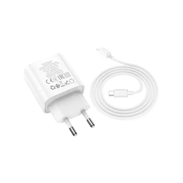 Зарядний пристрій HOCO C80A Plus Rapido 1xUSB-C PD20W + 1xUSB QC3.0 + cable USB-C to Lightning White (6931474779892)