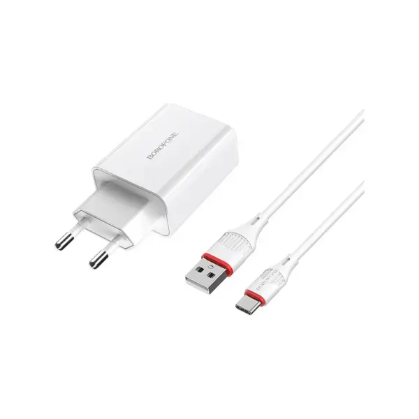 Зарядний пристрій BOROFONE BA21A Long Journey USB QC3.0 + cable USB to USB-C 18W White (6931474702487)