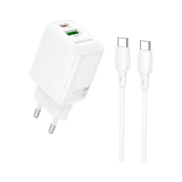 Зарядний пристрій BOROFONE BN27 Fuente 1xUSB-C PD20W + 1xUSB QC3.0 + cable USB-C to USB-C White (6941991120282)