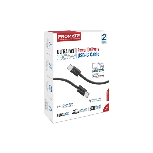 Дата кабель USB-C to USB-C 2.0m 60W PD EcoLine-CC200 black Promate (ecoline-cc200.black)