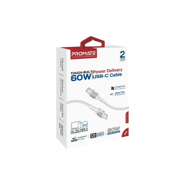 Дата кабель USB-C to USB-C 1.2m 60W PD FletchLink-CC grey Promate (fletchlink-cc.grey)