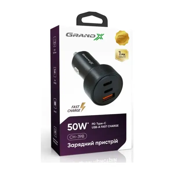 Зарядний пристрій Grand-X CH-39B 50W 1xUSB + 2xUSB-C PD + QC3.0 AFC FCP SCP VOOC Black (CH-39B)