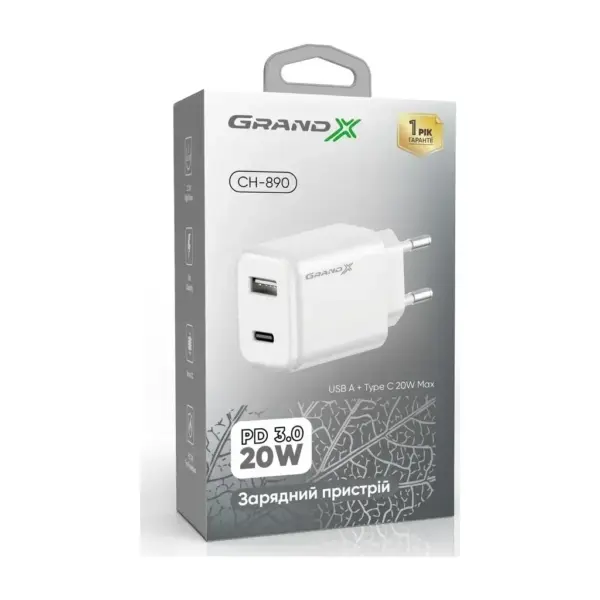 Зарядний пристрій Grand-X CH-890 Fast Charge 1xUSB-C PD20W + 1xUSB QC4.0 + AFC SCP FCP Black (CH-890)