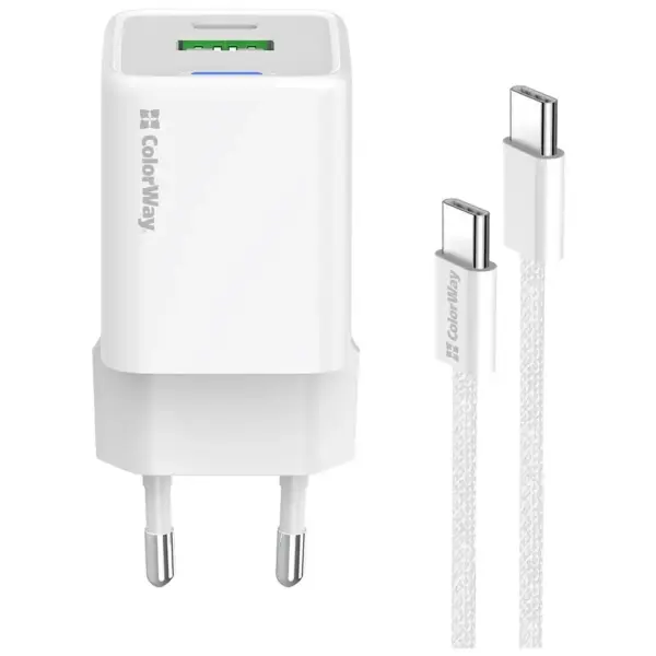 Зарядний пристрій ColorWay C101A GaN Mini 20W PD PPS USB-C + USB-A QC4.0 + cable USB-C to USB-C black (CW-CHS062PDC-WT)