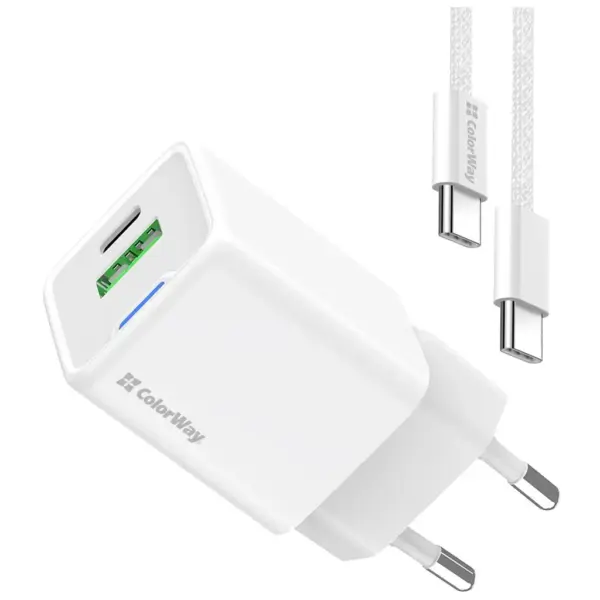 Зарядний пристрій ColorWay C101A GaN Mini 20W PD PPS USB-C + USB-A QC4.0 + cable USB-C to USB-C black (CW-CHS062PDC-WT)