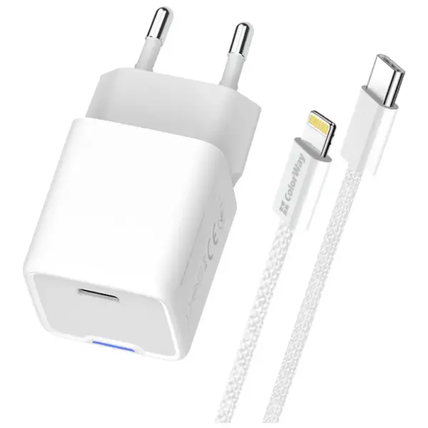 Зарядний пристрій ColorWay C101D GaN Mini 20W PD PPS USB-C + cable USB-C to Lightning white (CW-CHS059PDL-WT)