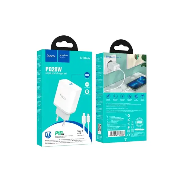 Зарядний пристрій HOCO C104A USB-C PD20W + cable USB-C to Lightning white (6931474782908)