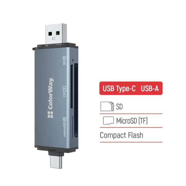 Зчитувач флеш-карт ColorWay USB 2.0/USB-C to CF/SD/MicroSD (CW-CR-01)