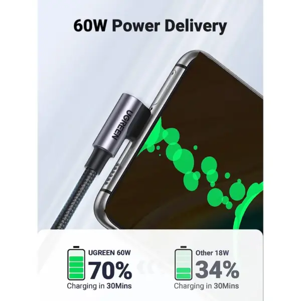 Дата кабель USB-C to USB-C 0.5m 3A 60W 90° corner US255 black/gray Ugreen (50122) Дата кабель USB-C to USB-C 0.5m 3A 60W 90° corner US255 black/gray Ugreen (50122)