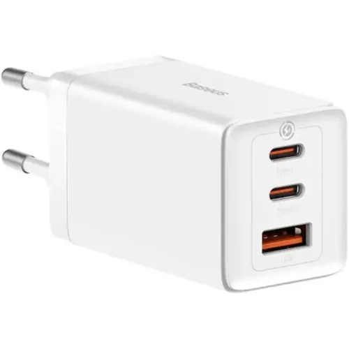 Зарядний пристрій Baseus 2xUSB-C 65W + 1xUSB GaN + cable USB-C to USB-C 100W 1.0m white (CCGP120202)