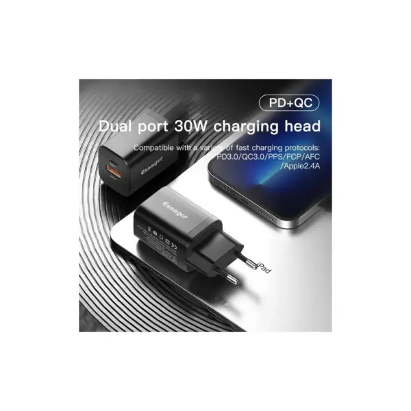 Зарядний пристрій Essager 1xUSB + 1xUSB-C PD30W black (ECTPQS-ZTB01)