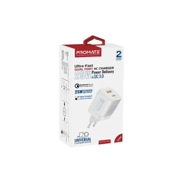 Зарядний пристрій Promate USBC PD25W + USBA QC3.0 18W White (powerport-25ac.white)