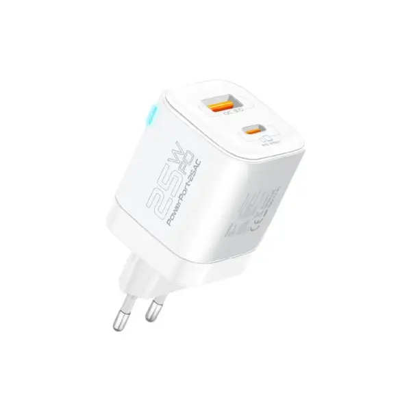 Зарядний пристрій Promate USBC PD25W + USBA QC3.0 18W White (powerport-25ac.white)