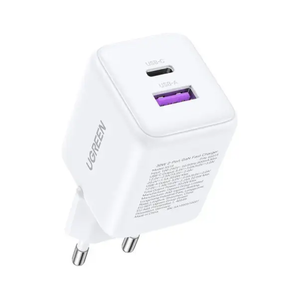 Зарядний пристрій Ugreen USB + USB-C GaN 30W X516 white (65015)