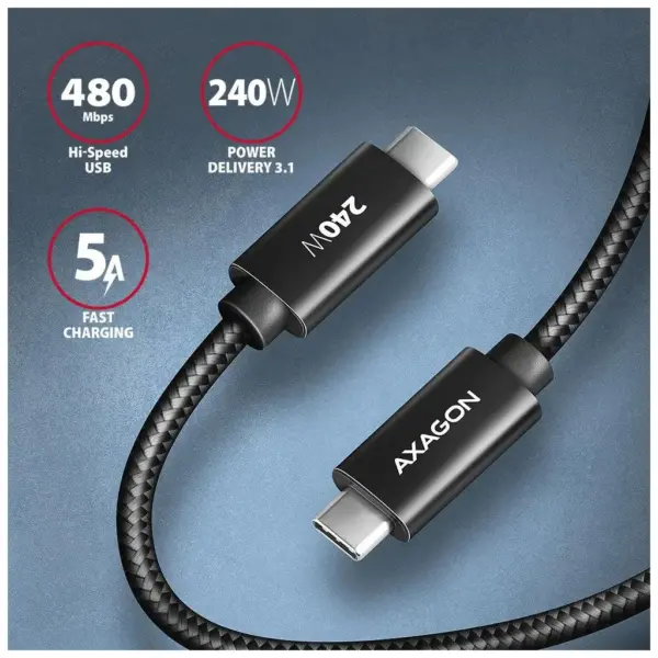 Дата кабель USB-C to USB-C 2.5m USB 2.0 PD 240W 5A black AXAGON (BUCM2-CM25AB)