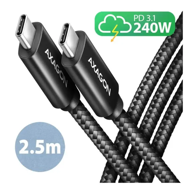 Дата кабель USB-C to USB-C 2.5m USB 2.0 PD 240W 5A black AXAGON (BUCM2-CM25AB)