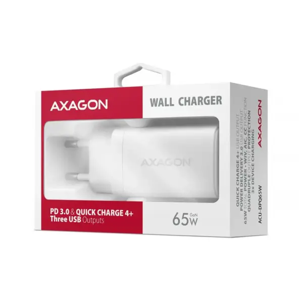 Зарядний пристрій AXAGON 1xUSB + 2xUSB-C 65W QC4+ PD3.0 PPS white (ACU-DPQ65W)