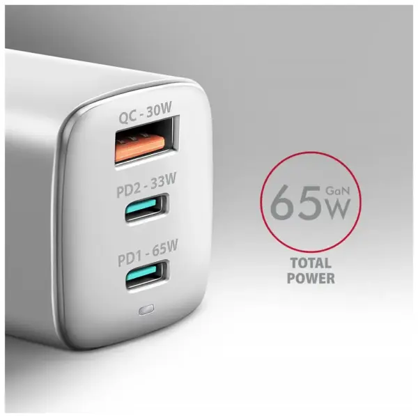 Зарядний пристрій AXAGON 1xUSB + 2xUSB-C 65W QC4+ PD3.0 PPS white (ACU-DPQ65W)