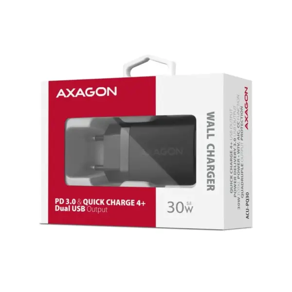 Зарядний пристрій AXAGON 1xUSB QC4.0 + 1xUSB-C PD30W PPS black (ACU-PQ30)