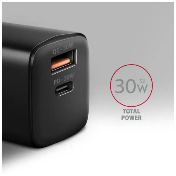 Зарядний пристрій AXAGON 1xUSB QC4.0 + 1xUSB-C PD30W PPS black (ACU-PQ30)