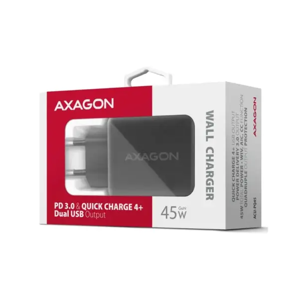 Зарядний пристрій AXAGON 1xUSB QC4.0 + 1xUSB-C PD45W PPS black (ACU-PQ45)